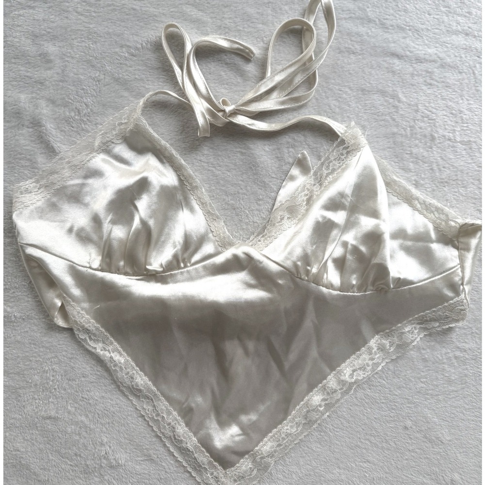 Halter Crop Top Womens Small Ivory Satin Lace Trim Handkerchief Tie Back
